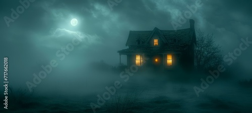Haunted house surround by foggy dark night melancholic background. Generative AI technology. 