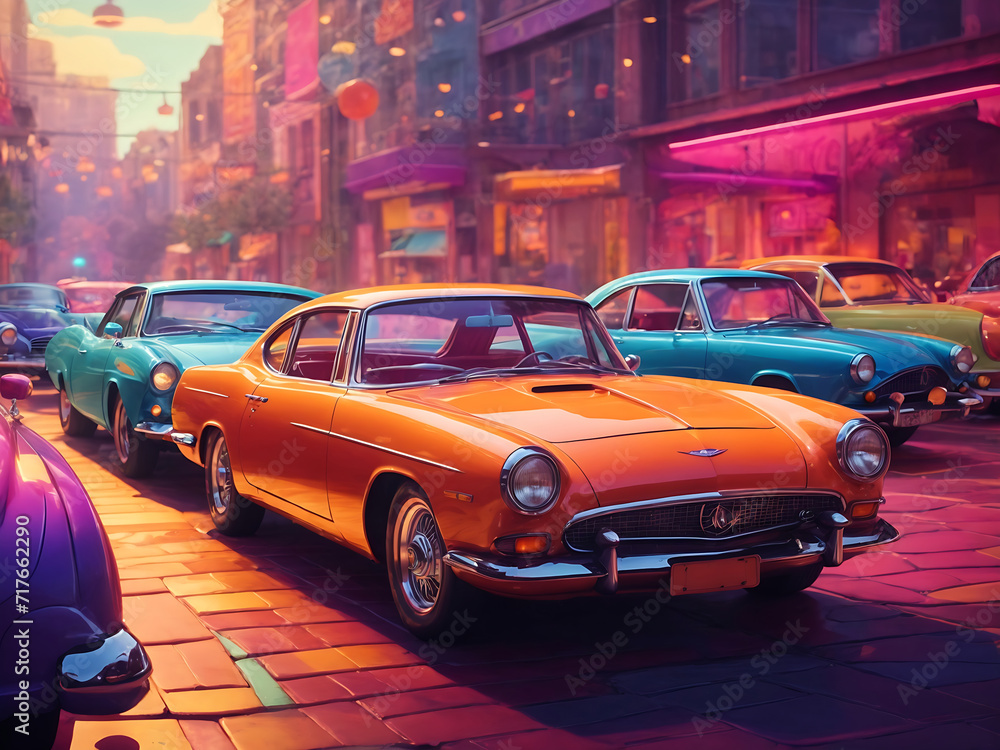 Psychedelic Spaces Flat Cartoon Illustration design of Cars in a Vibrant Vector Style Designs. Psychedelic Spaces Flat Cartoon Illustration design of Cars in a Vibrant Vector Style Designs.