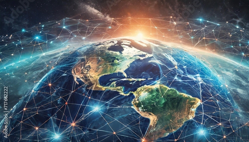 A View of Earth from Outer Space, Illustrating the Global Network and Blockchain Technology. This 3D illustration envisions the future world, with elements provided by NASA