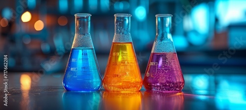 Laboratory beaker glass filled with colorful liquid. Generative AI technology. photo