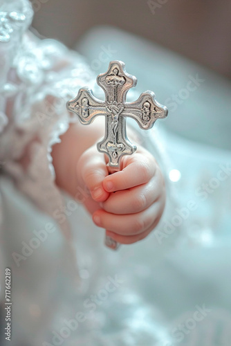Baptism of a child cross in hands. Selective focus.