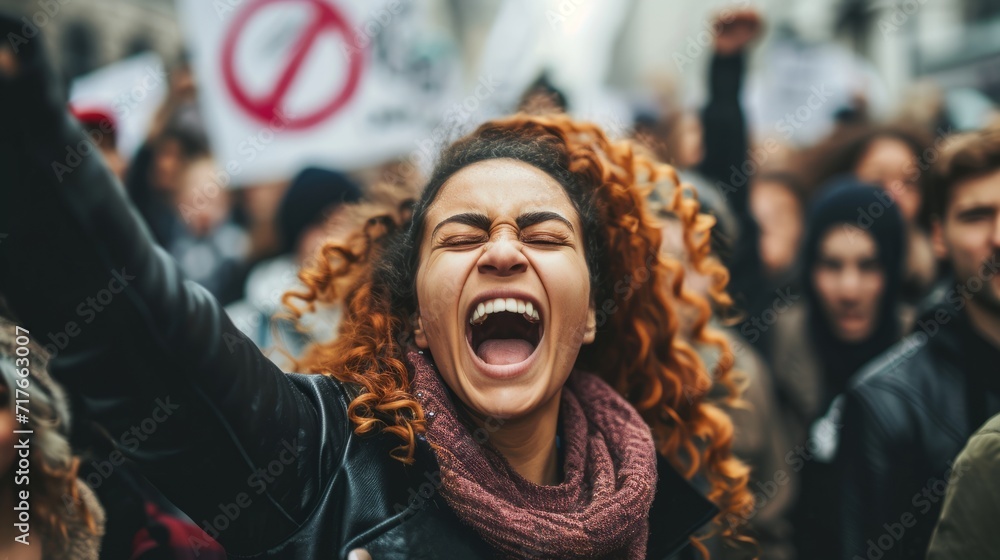 Woman is screaming in front of a crowd of protesters