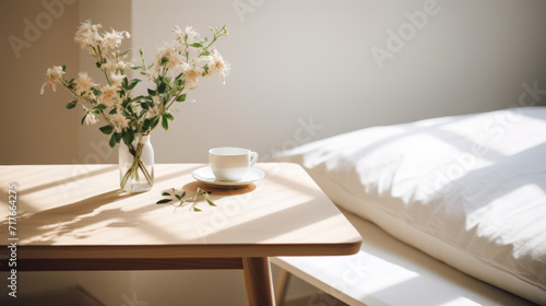 Neutral Minimalist lifestyle in Scandinavian style. Sunny day. Minimalistic interior, with a simple beautiful composition with flowers in vase. © Vladimir