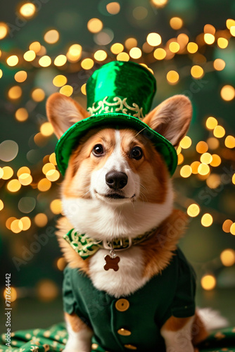 Corgi dog wearing a hat for St. Patrick's Day. Selective focus.