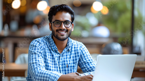 An Indian man working in business and sporting casual blue checkered shirt and glasses is a successful, happy, and cheerful employee. He is sitting at an office desk using a laptop computer indoors an photo
