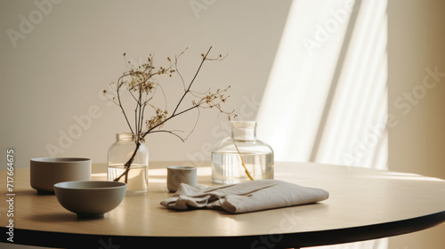 Neutral Minimalist lifestyle in Scandinavian style. Sunny day. Minimalistic interior  with a simple beautiful composition with flowers in vase.