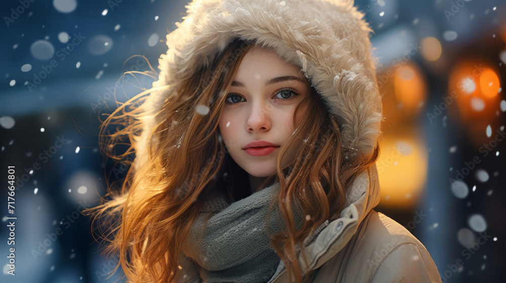 Girl stands in the snow, in the style of bokeh,winter clothing in a cold outdoors, portrait. Beautiful young woman in winter forest at daytime, A snowy setting Girl stands in the snow, in the style of bokeh,winter clothing in a cold outdoors, portrait. Beautiful young woman in winter forest at daytime, A snowy setting