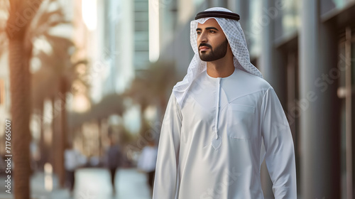 Arab middle-eastern man walks through an urban business center while dressed traditionally in emirates kandoras