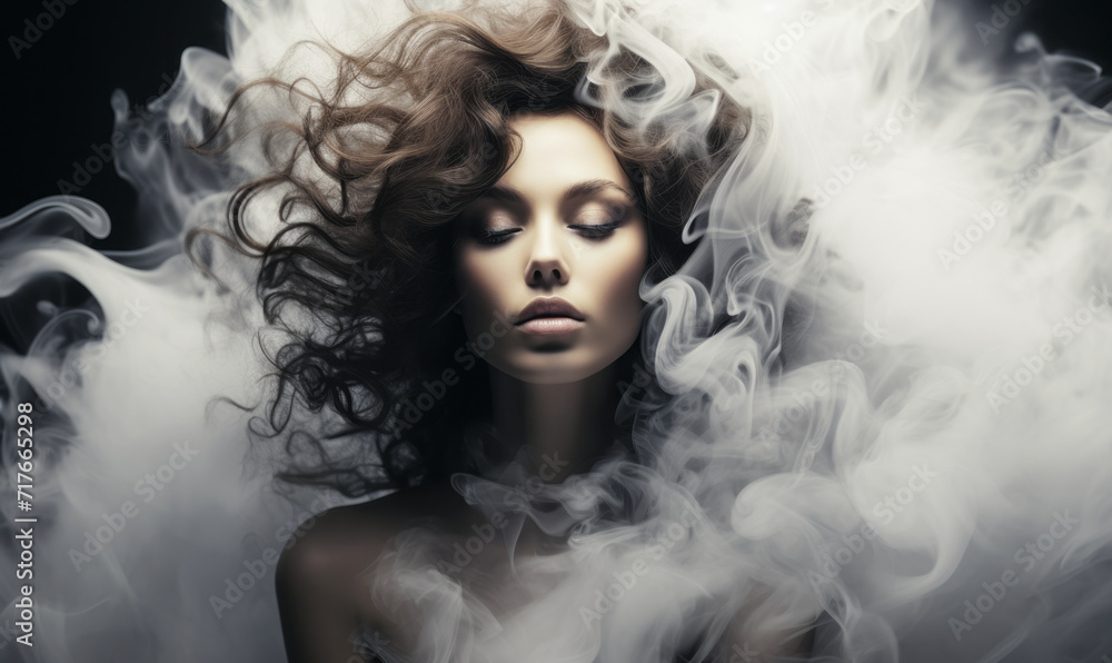 Ethereal Beauty in Dreamy Smoke, Monochrome Portrait of Woman with Smoky Wisps