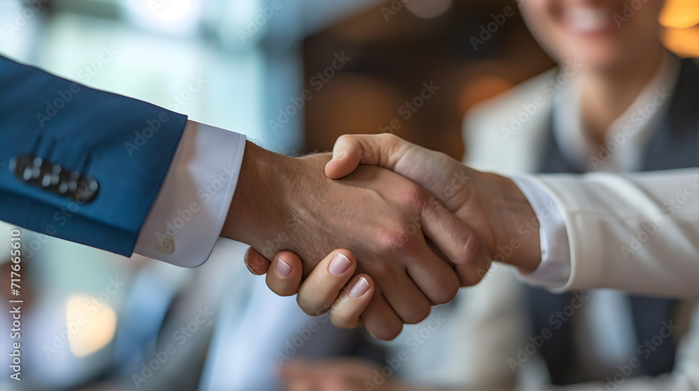 At a group board meeting, a happy businessman and a happy businesswoman shake hands. A effective firm trade partnership handshake concept is made by professional business executive leaders At a group board meeting, a happy businessman and a happy businesswoman shake hands. A effective firm trade partnership handshake concept is made by professional business executive leaders