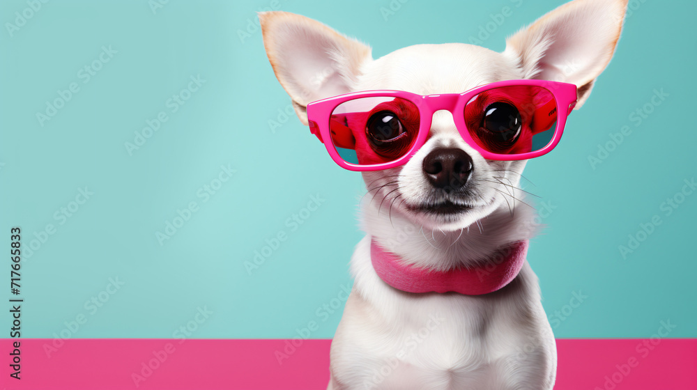 Web banner cute dog with glasses on a dark pink background