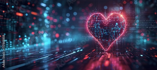 Neon heart with technology background. Pixel art style. Generative AI technology.