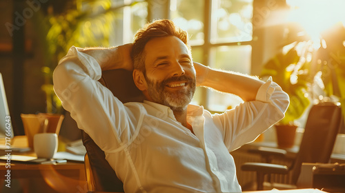 Beautiful, upbeat, prosperous, and well-dressed businessman or barrister spending a break from work in the sunlight, having a good time, holding hands behind the head, and working at his desk under th photo