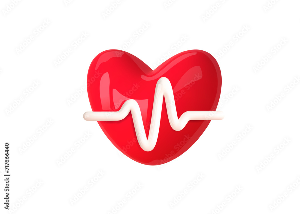 3d red heart and pulse line. Heart, medical, cardio medic icon. Ecg symbol, heart rate, pulse, electrocardiogram,heartbeat. Vector cartoon illustration