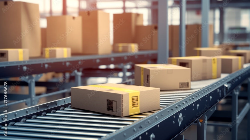 Many packages are transported on a conveyor belt for delivery Many packages are transported on a conveyor belt for delivery