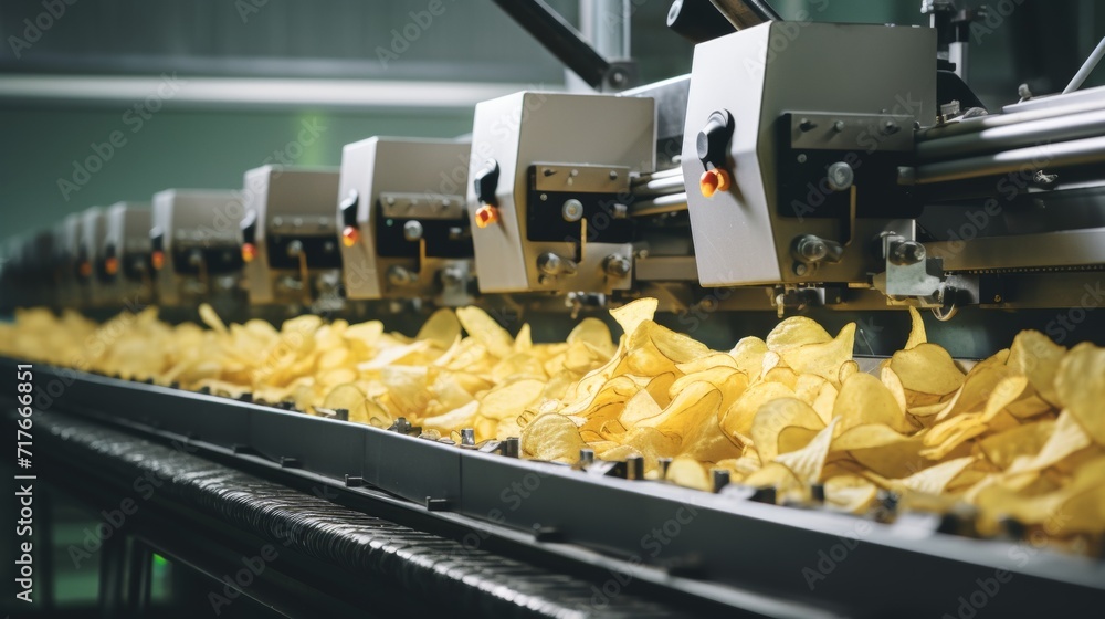 Potato chip production line at a food industrial plant. Filling machines for snacks, top view Potato chip production line at a food industrial plant. Filling machines for snacks, top view