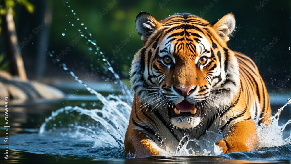 Majestic Tiger Emerging from Water, Illuminated by the Sun’s Golden Rays