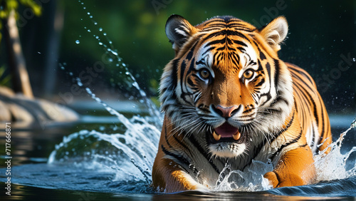 Majestic Tiger Emerging from Water  Illuminated by the Sun   s Golden Rays
