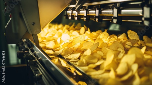 Potato chip production line at a food industrial plant. Filling machines for snacks  top view