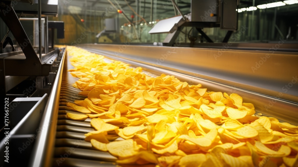 Potato chip production line at a food industrial plant. Filling machines for snacks, top view Potato chip production line at a food industrial plant. Filling machines for snacks, top view