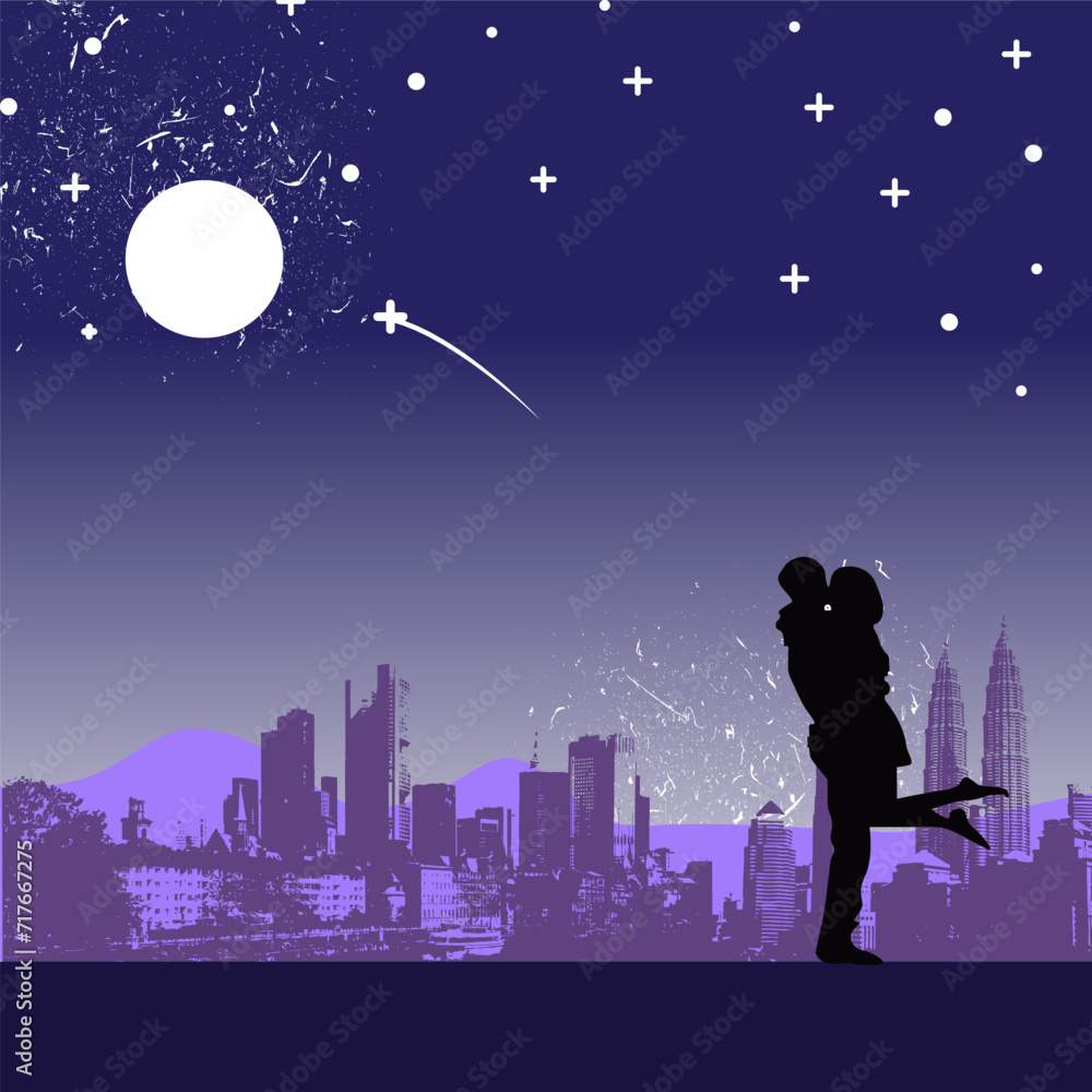 Romantic couple lover under the moonlight and star with cityscape background Romantic couple lover under the moonlight and star with cityscape background