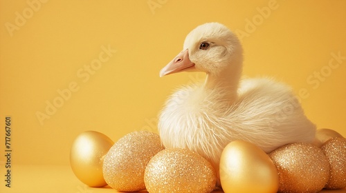 Goose sitting by golden eggs against yellow background photo