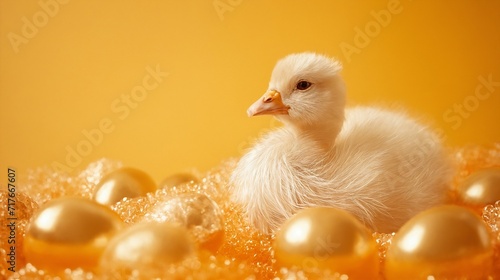 Goose sitting by golden eggs against yellow background photo