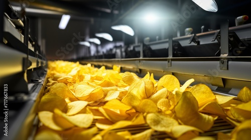 Potato chip production line at a food industrial plant. Filling machines for snacks, top view