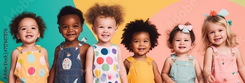 group of smiling kids in colorful casual clothes photo