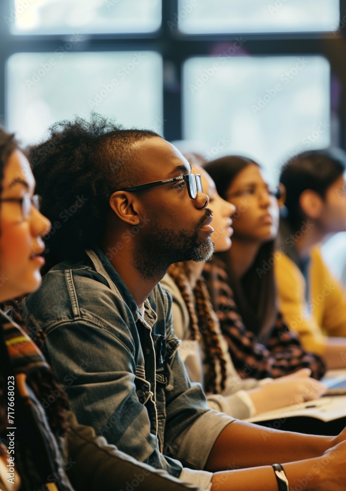 Obraz premium Selective focus of multiethnic students listening to teacher in classroom. AI.
