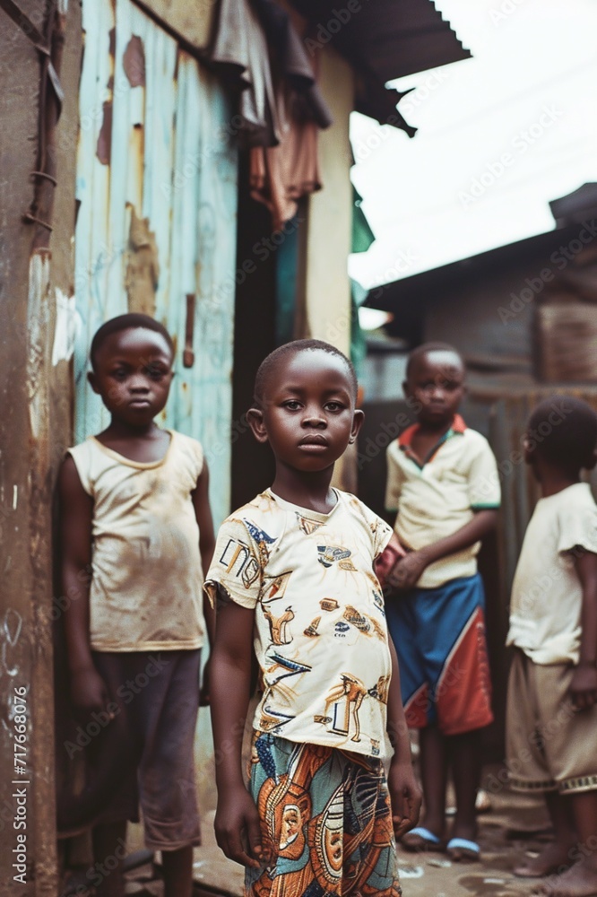 Unidentified Ghanaian little boy in colored shirt. Children of Ghana suffer of poverty due to the economic situation. AI.