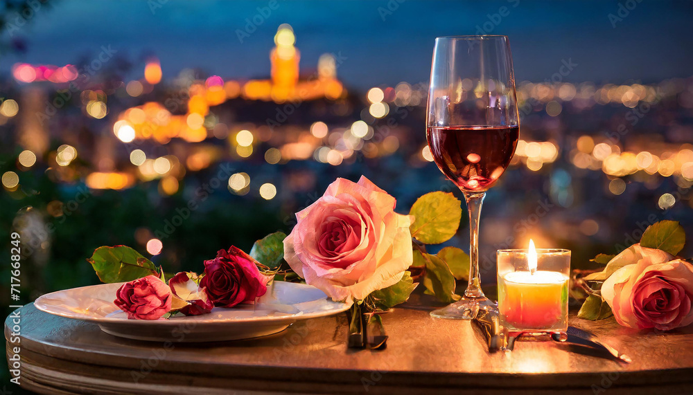 Romantic candlelight table setting with candles, rose, glasses, wine in the night city background