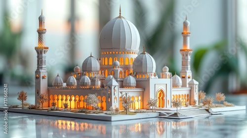 mosque with intricate paper-cut details. symmetrical perfection, elegant visual balance, and the play of natural light and shadows, all against a pristine white background. photo