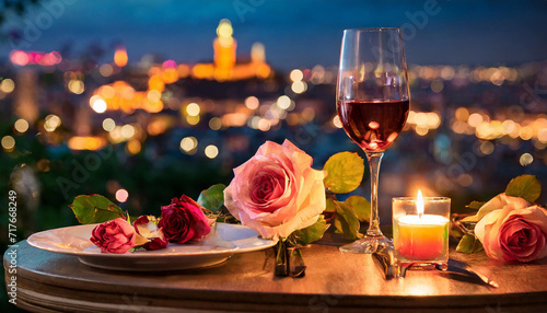 Romantic candlelight table setting with candles  rose  glasses  wine in the night city background