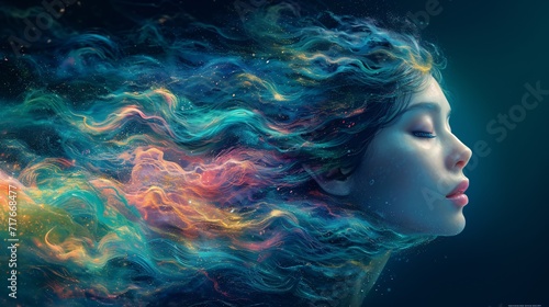 Fantasy Artwork of a Woman with Long Hair and a Blue Tint Generative AI