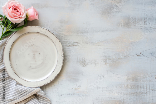 Table setting with pink roses and empty plate on white rustic wooden background. High quality photo