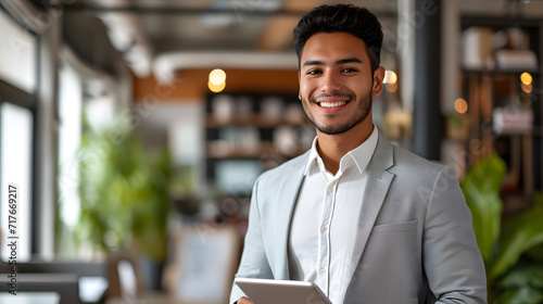 Corporate manager, businessman, happy young Latino worker, holding a digital tablet while standing in an office and facing the camera in a vertical portrait