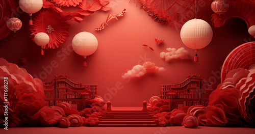 Festive Chinese New Year backdrop adorned with traditional decorations, capturing the cultural richness and joyous ambiance in a vibrant and celebratory design photo