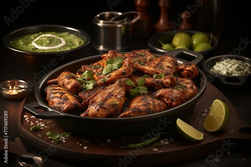 Authentic indian tandoori chicken, aromatic and savory, served on a rustic wooden table