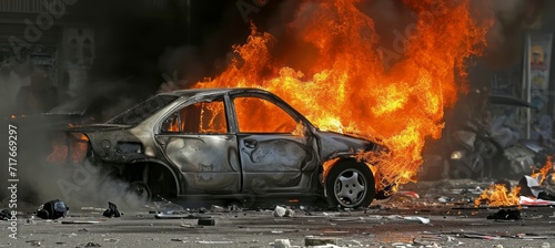 Chaos protest at street. Burning vehicle. Generative AI technology. © Hero Design