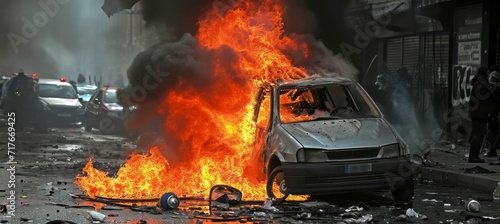 Burning car. Chaos protest at street. Generative AI technology.