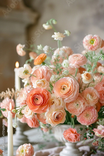 wedding composition of ranunculus in a vase on a low leg, banner, delicate airy style
