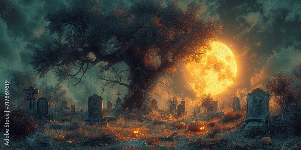 Ghostly Halloween Night: A Tree with Pumpkins and Skulls Generative AI