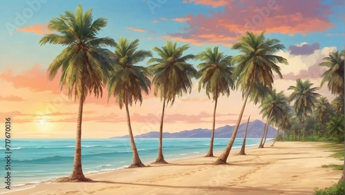 A row of palm trees swaying gently along a serene tropical beach at sunset Generative AI © Haroon
