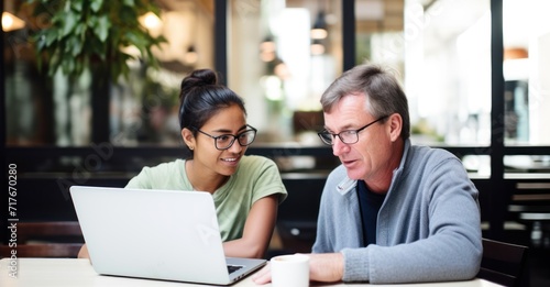 Passionate mentorship meeting in a lively coffee shop, with focused interaction and note-taking.