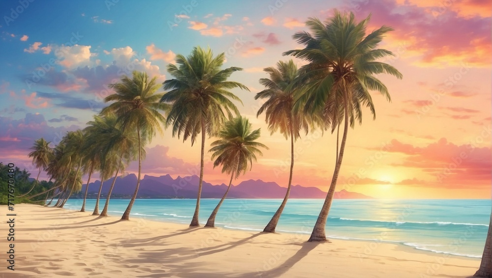A row of palm trees swaying gently along a serene tropical beach at sunset Generative AI