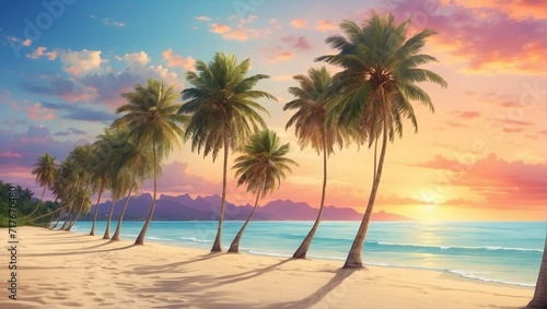 A row of palm trees swaying gently along a serene tropical beach at sunset Generative AI © Haroon