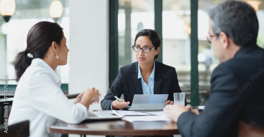 Informal yet serious business negotiation in a sophisticated cafe, with data presentation and note-taking. Informal yet serious business negotiation in a sophisticated cafe, with data presentation and note-taking.