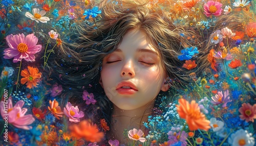 Flower Power: A Dreamy, Colorful, and Vibrant Image of a Woman Resting in a Field of Flowers Generative AI