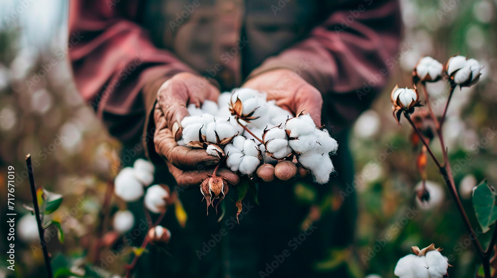 Farmer holding cotton flowers in the field. Selective focus. - obrazy, fototapety, plakaty 
